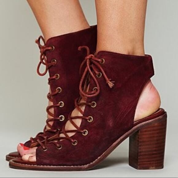 Jeffrey Campbell x Free People red burgundy minimal lace up heel size 7.5 suede - Picture 1 of 12